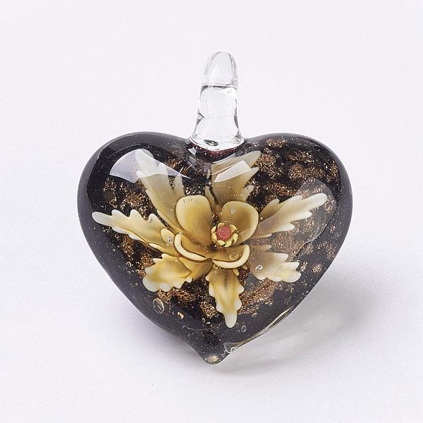 

PandaHall Handmade Lampwork Pendants, Inner Flower, Heart, Yellow, 38x33x16mm, Hole: 6x6mm Lampwork Heart Yellow
