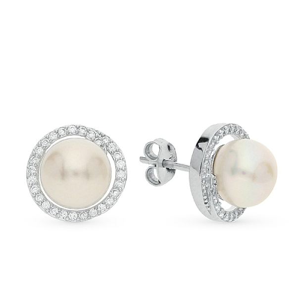 

PandaHall Rhodium Plated 925 Sterling Silver Studs Earrings, with Cubic Zirconia and Pearl Round Bead, Platinum, 13mm Pearl Round