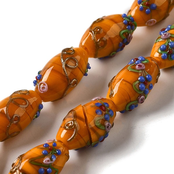 

PandaHall Handmade Lampwork Beads, Rice wit Flower, Orange, 23x12~13mm, Hole: 1.6mm Lampwork Barrel Orange