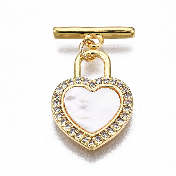 

PandaHall Brass Micro Pave Clear Cubic Zirconia Toggle Clasps, with Freshwater Shell, Nickel Free, Heart, Real 18K Gold Plated, 22mm long...