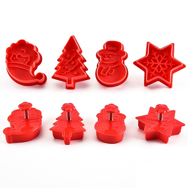 

PandaHall Christmas Themed Plastic Plastic Cookie Cutters, with Iron Press Handle, Tree & Snowflake & Snowman & Santa Claus, Red, 58~70x40mm...