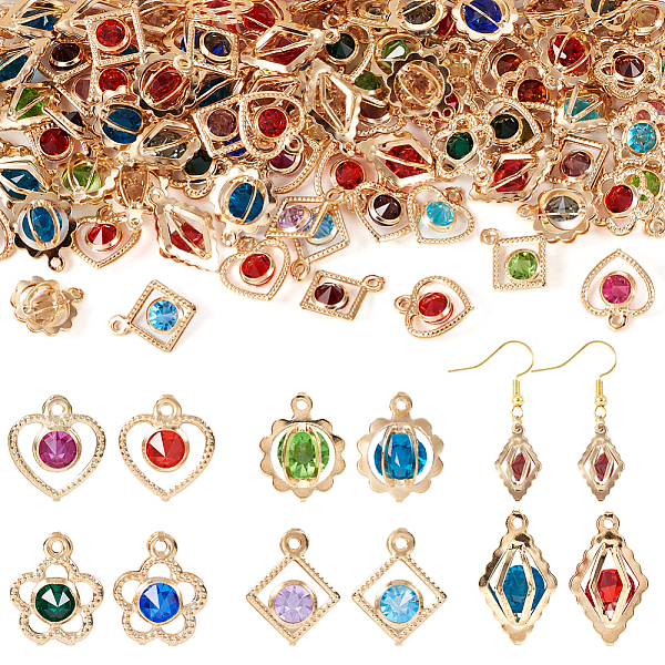 

PandaHall 100Pcs 5 Styles Rack Plating Eco-Friendly Iron Charms, with Rhinestone, Heart & Rhombus & Flower & Round, Light Gold, Mixed Color..., Multicolor