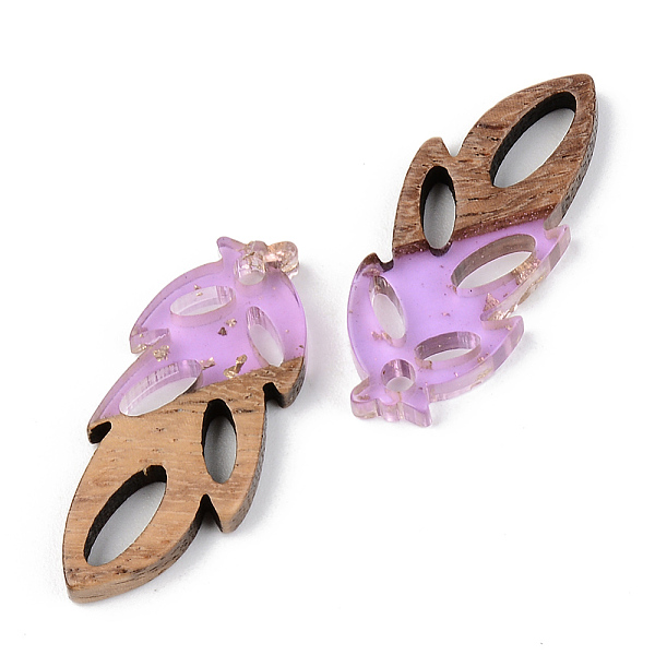 

PandaHall Transparent Resin & Walnut Wood Pendants, with Gold Foil, Leaf, Lilac, 28x11.5x3mm, Hole: 1.8mm Resin+Wood Leaf Purple