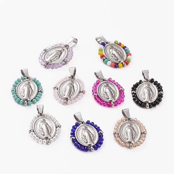

PandaHall 316 Surgical Stainless Steel Pendants, with Glass Beads, Oval with Virgin Mary, Stainless Steel Color, Mixed Color, 30x24x4mm..., Multicolor