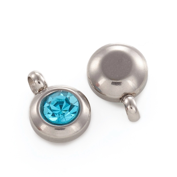 

PandaHall Trendy Original Color 304 Stainless Steel Grade A Rhinestone Flat Round Charm Pendants, March Birthstone Charms, Faceted..., Cyan
