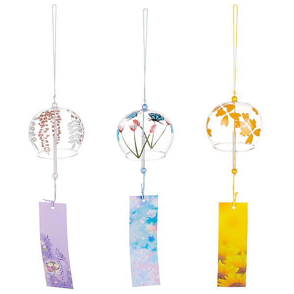 

PandaHall BENECREAT 3Pcs 3 Style Japanese Glass Round Wind Chimes, Paper Blessing Hanging Pendant, for Garden Patio Balcony Decoration..., Multicolor