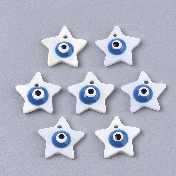 

PandaHall Natural Freshwater Shell Charms, with Enamel, Star with Evil Eye, Dodger Blue, 10x10x3mm, Hole: 1mm Freshwater Shell Star Blue