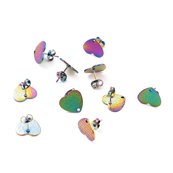 

PandaHall Ion Plating(IP) 304 Stainless Steel Stud Earring Findings, with Ear Nuts, Textured Heart, Rainbow Color, 12x13mm, Hole: 1.5mm, Pin...