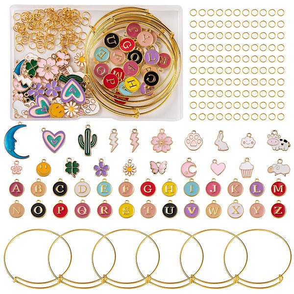 

PandaHall DIY Cute Charm Bangle Making Kit, Including Iron Expandable Bangle Making & Jump Rings, Alphabet & Flower & Heart & Sheep & Moon..., Multicolor