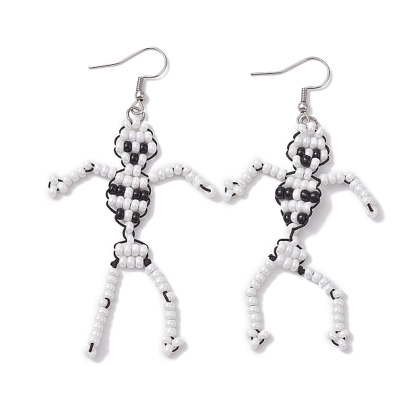 

PandaHall Handmade Seed Beads Dangle Earrings, Halloween Skeleton, White, 84.5~85.5x45~47mm Glass Skeleton White