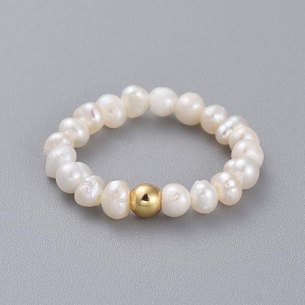 

PandaHall Natural Cultured Freshwater Pearl Finger Rings, with Brass Round Beads and Elastic Crystal Thread, Golden, Size 6, 16mm Pearl