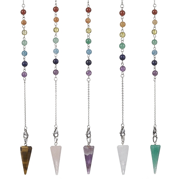 

PandaHall Natural Mixed Gemstone Pointed Dowsing Pendulums, with 304 Stainless Steel Cable Chains, Faceted, Hexagonal Cone Charm, 250~260mm...