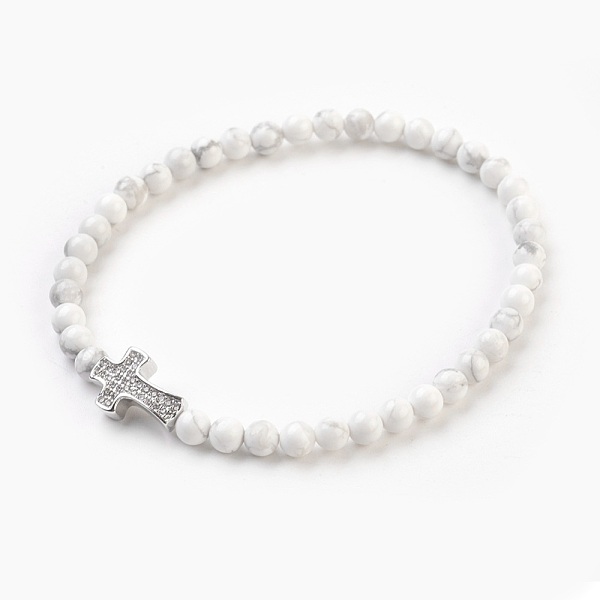

PandaHall Natural Howlite Beads Stretch Bracelets, with Brass Micro Pave Cubic Zirconia Cross Beads, 2-1/8 inch(5.5cm) Howlite White
