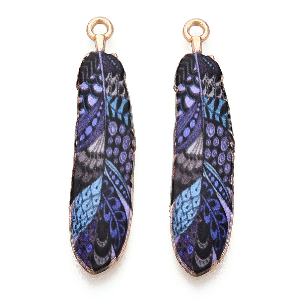 

PandaHall Rack Plating Alloy Pendants, Printed, Lead Free & Cadmium Free & Nickel Free, Feather Charm, Light Gold, Mauve, 38x9x1.5mm, Hole..., Purple