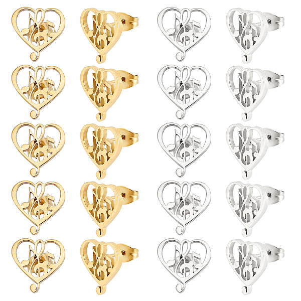 PandaHall Unicraftale 10 Pairs 2 Colors Heart with Musical Note 304 Stainless Steel Stud Earrings for Women, Golden & Stainless Steel Color...