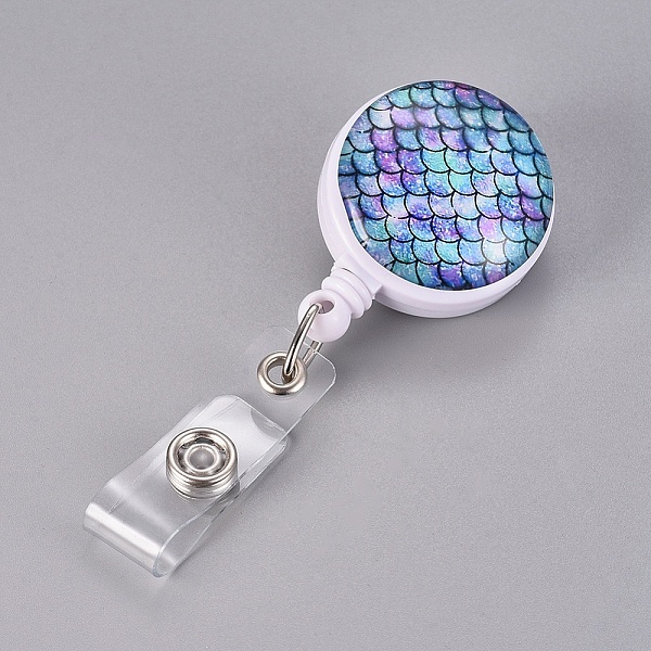 PandaHall Plastic Retractable Badge Reel, Card Holders, with Iron Findings, Flat Round with Mermaid Fish Scale Pattern, Colorful...
