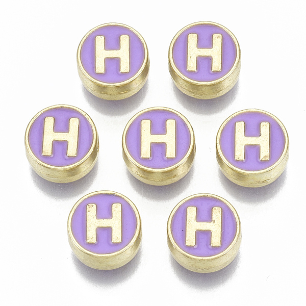 

PandaHall Alloy Enamel Beads, Cadmium Free & Nickel Free & Lead Free, Flat Round with Initial Letters, Light Gold, Letter.H, 8x4mm, Hole...