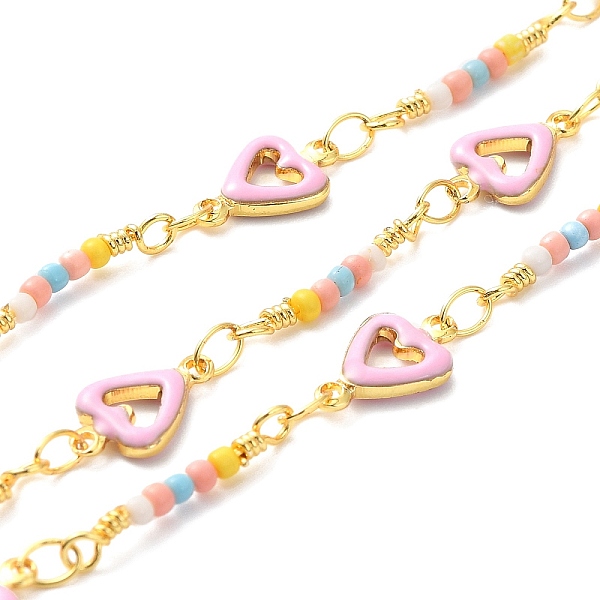 

PandaHall Handmade Brass Enamel Heart Link Chains, Glass Beaded Chains, Real 18K Gold Plated, Soldered, with Spool, Cadmium Free & Lead Free...