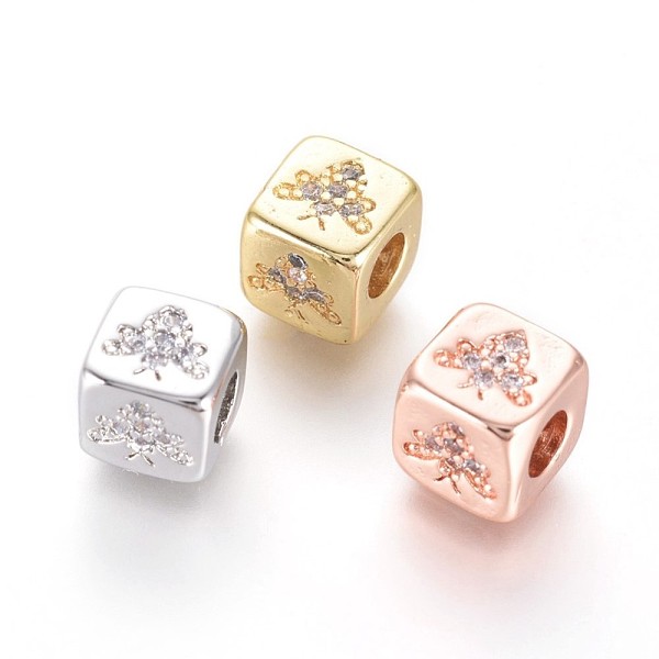 

PandaHall Brass Beads, with Micro Pave Cubic Zirconia, Cube with Bee, Clear, Mixed Color, 6x6x6mm, Hole: 3mm Brass+Cubic Zirconia Cube Clear