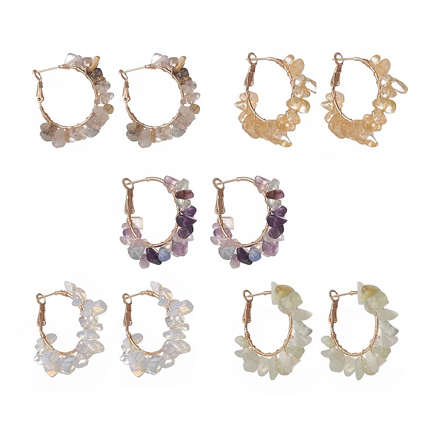 

PandaHall Natural Gemstone Chips Beaded Hoop Earrings, Golden Tone Brass Wire Wrap Jewelry for Women, 42x40x7mm, Pin: 0.7mm Mixed Stone Ring