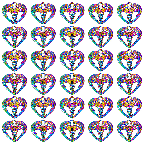Dicosmetic 30 個ハートチャームハートカドゥケウスチャーム中空医療ナースチャーム虹色の妖精ラインストーンチャーム付きラブペンダント合金ペンダントジュエリー作成のため