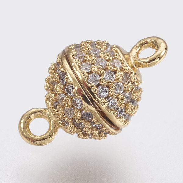 

PandaHall Brass Micro Pave Cubic Zirconia Magnetic Clasps with Loops, Lead Free & Cadmium Free, Round, Golden, 13.5x8mm, Hole: 1.2mm...