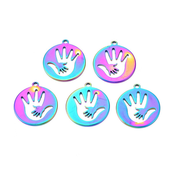 

PandaHall Ion Plating(IP) 201 Stainless Steel Pendants, Flat Round with Palm, Rainbow Color, 24.5x21.5x1.5mm, Hole: 2mm 201 Stainless Steel...