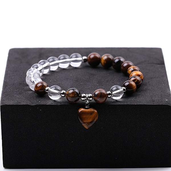 

PandaHall Round Natural Tiger Eye & Quartz Crystal Beaded Stretch Bracelets, Heart Charm Bracelets for Women Tiger Eye Heart Pink