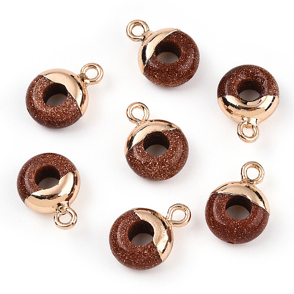 

PandaHall Synthetic Goldstone Flat Round/Donut Charms, with Rack Plating Golden Tone Brass Loops, 14x10mm Goldstone Donut