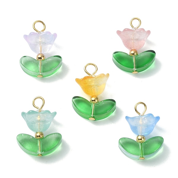 

PandaHall Glass Pendant, with Golden Alloy Loops, Flower Charms, Mixed Color, 19x14x10mm, Hole: 2.5mm Alloy+Glass Flower Multicolor