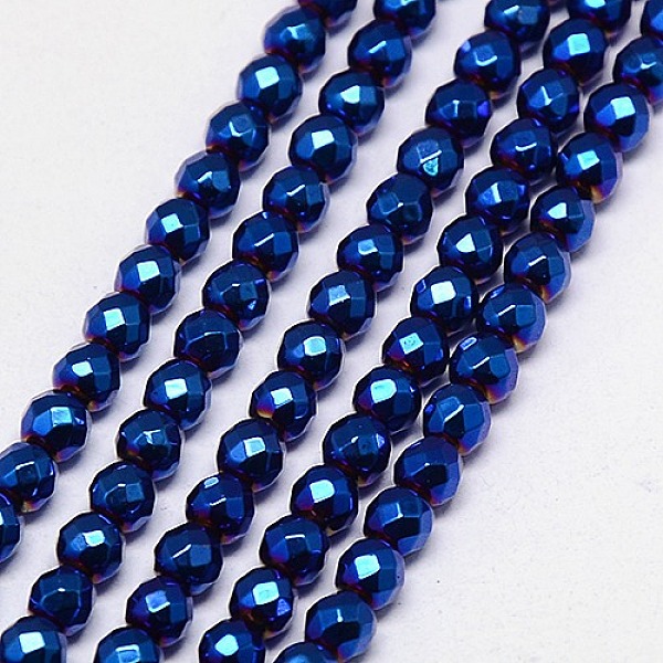 PandaHall Electroplate Non-magnetic Synthetic Hematite Beads Strands, Faceted, Round, Grade A, Blue Plated, 4mm, Hole: 1mm, about...