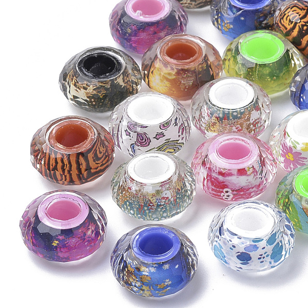 

PandaHall Resin Beads, Large Hole Beads, Faceted, Rondelle with Pattern, Mixed Color, 13.5~14x7.5~8mm, Hole: 5.5mm Resin Rondelle Multicolor