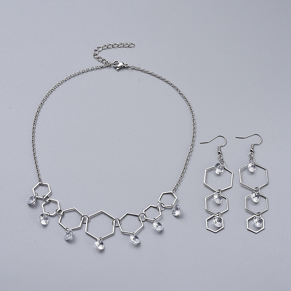 

PandaHall 304 Stainless Steel Jewelry Sets, Dangle Earrings and Necklaces, with Cubic Zirconia Charms, Hexagon, Stainless Steel Color, 16.1..., Clear