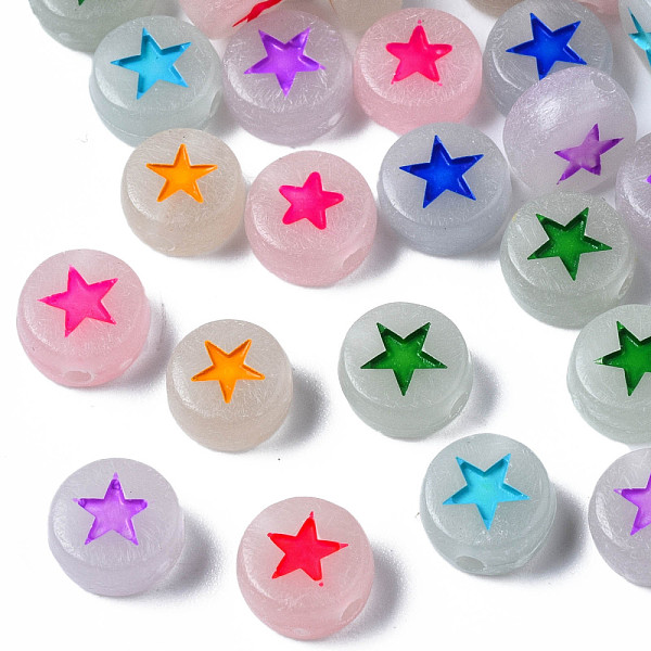 

PandaHall Luminous Gainsboro Acrylic Beads, Glow in the Dark, Horizontal Hole, Flat Round with Star, Mixed Color, 7x3.5mm, Hole: 1.2mm..., Multicolor