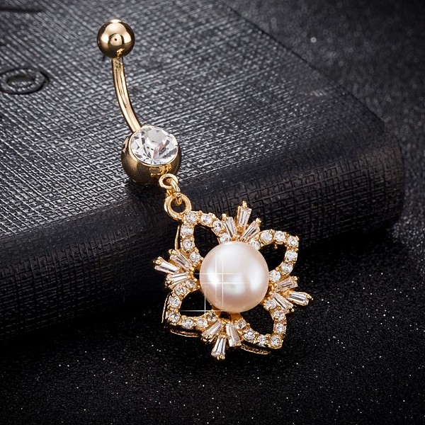 

PandaHall Brass Cubic Zirconia and Pearl Navel Ring, Belly Rings, with 304 Stainless Steel Bar, Cadmium Free & Lead Free, Real 18K Gold..., White