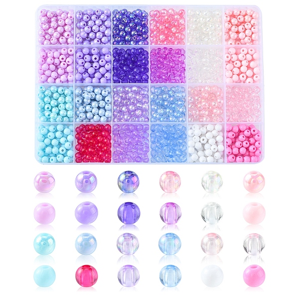 

PandaHall 120G 24 Style Transparent & Opaque Acrylic Beads, Round, Mixed Color, 6x5mm, Hole: 1.8mm, 5g/style Acrylic Round Multicolor