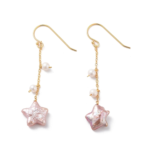 

PandaHall Star Natural Pearl Dangle Earrings, Sterling Silver Earring for Women, Real 18K Gold Plated, 53.5x12mm Pearl Star