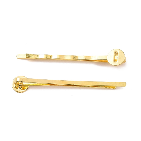 

PandaHall Golden Iron Hair Bobby Pin Findings, Size: about 2mm wide, 52mm long, 2mm thick, Tray: 8mm in diameter, 0.5mm thick Iron