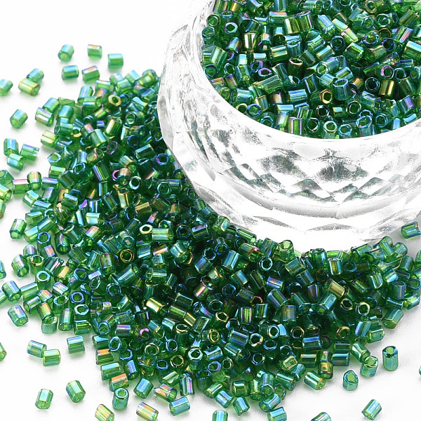 

PandaHall Glass Bugle Beads, Transparent Colours Rainbow, Sea Green, 2.5~3x2mm, Hole: 0.9mm, about 15000pcs/pound Glass