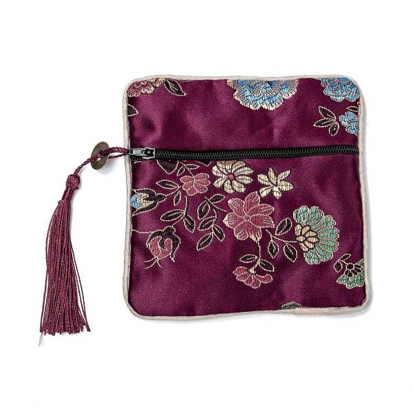

PandaHall Chinese Brocade Tassel Zipper Jewelry Bag Gift Pouch, Square with Flower Pattern, Purple, 11.5~11.8x11.5~11.8x0.4~0.5cm Cloth...