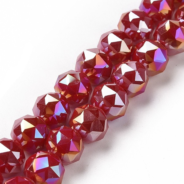 PandaHall Electroplate Opaque Glass Beads Strands, AB Color Plated, Faceted, Round, Red, 8x7.5mm, Hole: 1.5mm, about 71~72pcs/strand...