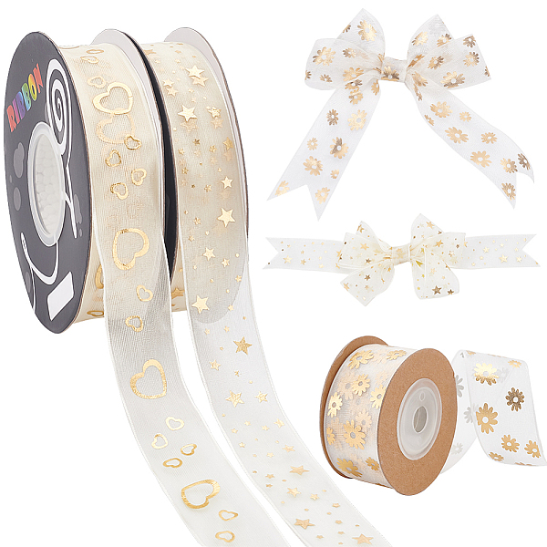 PandaHall 30 Yards Organza Gift Ribbon, 3 Rolls 1" Wide Sheer Gift Wrapping Ribbon Golden Flower Hear Star Craft Ribbon Christmas...