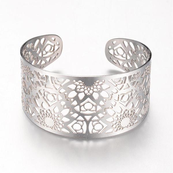 

PandaHall 304 Stainless Steel Filigree Cuff Bangles, Wide Band Bangles, Stainless Steel Color, 2-1/4 inch(55mm) 304 Stainless Steel