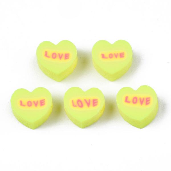 

PandaHall Handmade Polymer Clay Beads, Heart with Word Love, Green Yellow, 8~8.5x9~9.5x4.5mm, Hole: 1.8mm Polymer Clay Heart