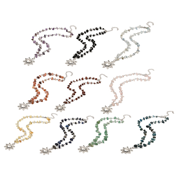 

PandaHall Rack Plating Alloy Sun Pendant Necklace, Natural Mixed Gemstone Chips Beaded Chains Necklace for Women, Lead Free & Cadmium Free...