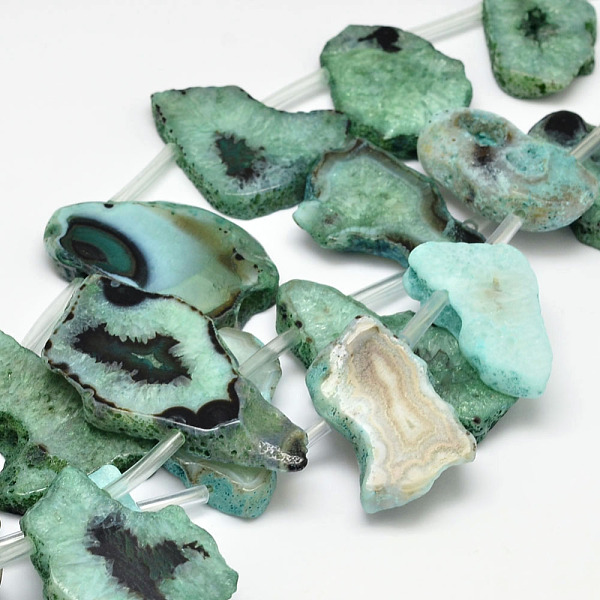 

PandaHall Dyed Natural Agate Nuggets Beads Strands, Light Sea Green, 19~30x30~56x5~9mm, Hole: 2mm, about 13~15pcs/strand, 15.3 inch Natural...