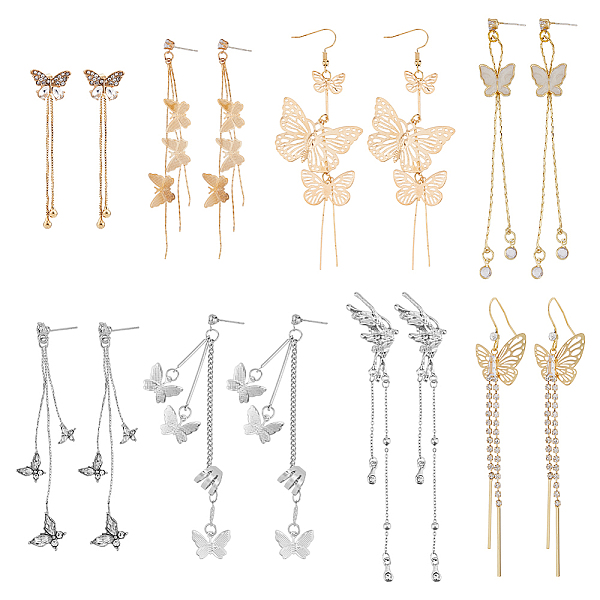 

PandaHall FIBLOOM 8 Pairs 8 Style Crystal Rhinestone & Clear Cubic Zirconia Butterfly Dangle Earrings Set, Alloy Chain Tassel Earrings for...