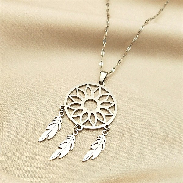 

PandaHall Woven Net/Web with Feather 304 Stainless Steel Pendant Necklaces for Women, Stainless Steel Color, 15.94 inch(40.5cm) 304...