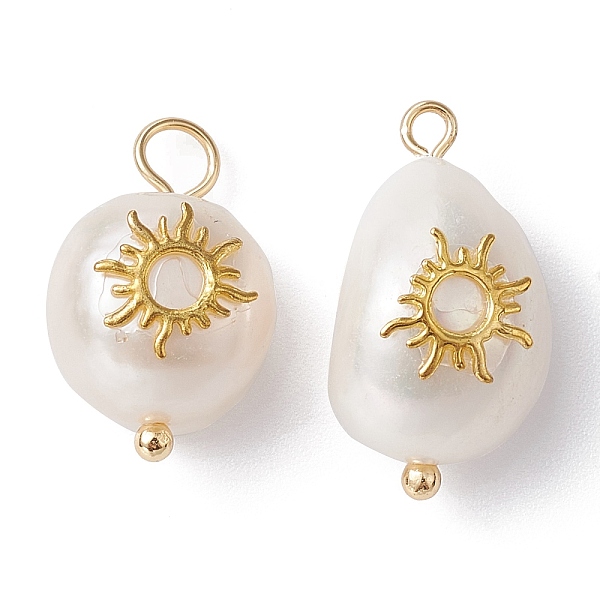 

PandaHall Natural Pearl Pendants, Potato Charms with Golden Plated Brass Slice, Sun, 16~19x10~11x7.5~10mm, Hole: 3mm Pearl Sun