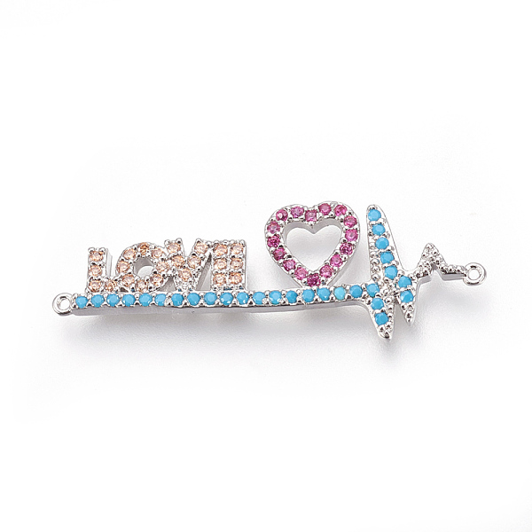 

PandaHall Brass Micro Pave Cubic Zirconia Links, Electrocardiograph & Heart with Word Love, Colorful, Platinum, 36x12x2mm, Hole: 0.7mm...